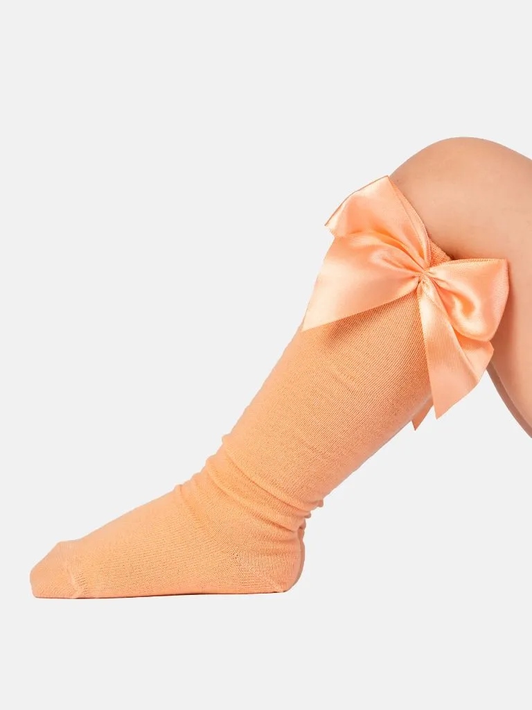 Baby Girl Vibrant Big Satin Bow Knee Socks-Peach Orange