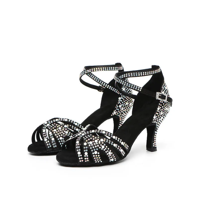 Black Satin Comfortable Heeled Latin Dance Shoes